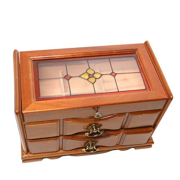 Vintage Wooden Musical Jewelry Box with Stained Glass Lid Trinket Box Storage - Picture 9 of 15